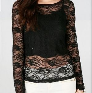 Black long sleeve floral lace top with zipper back